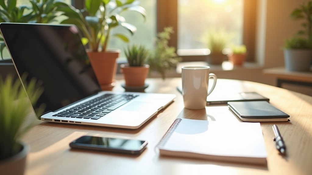 A modern workspace setup with a laptop, smartphone, coffee cup, and a notebook placed on a light wooden desk, sunlight streaming in, plants and tech gadgets giving off a productive vibe.